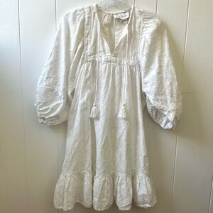 Cleobella White Boho Chic Mini Dress Tassel Puff Sleeve Textured Women’s S